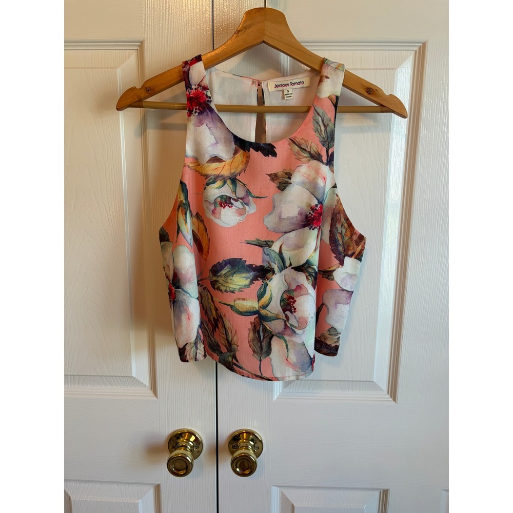 Jealous Tomato Floral Crop Top Peach Sleeveless Keyhole Back JT5296-P Small